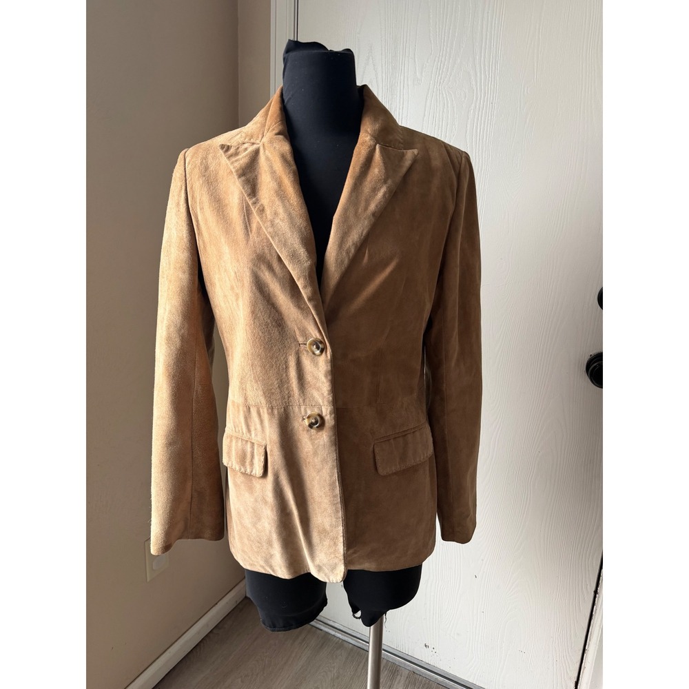 Alfani Womens Tan Genuine Suede Leather Two Button Blazer Jacket Size M